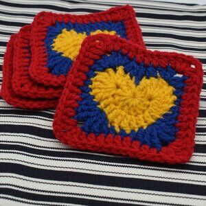 Hand Crafted Heart Coasters Crochet Valentines Day Granny Squares Set of Four